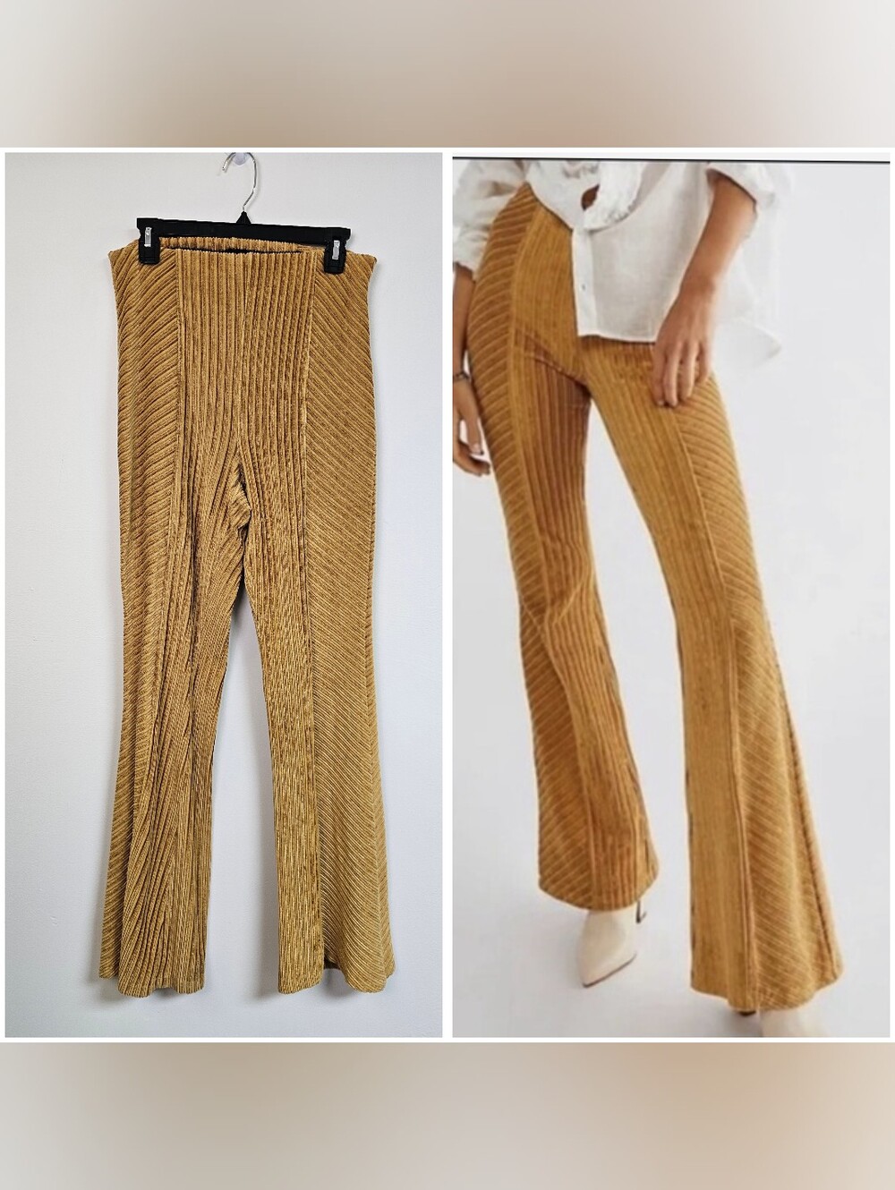 Free People Pull On High Rise Strech Velvet Striped Mustard Flare Pant Strech